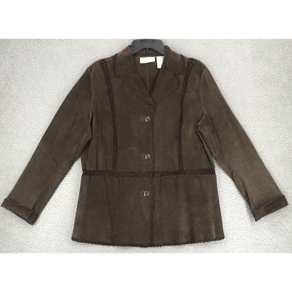 White Stag Leather Jacket L 12/14 BoHo Long Sleeve Crochet Lace Accents Brown